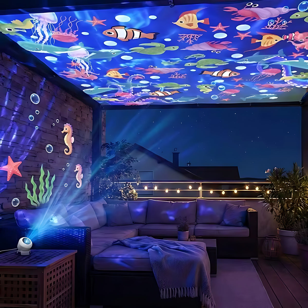 Sea Ceiling projector lighting up an outdoor patio ceiling with sea creatures